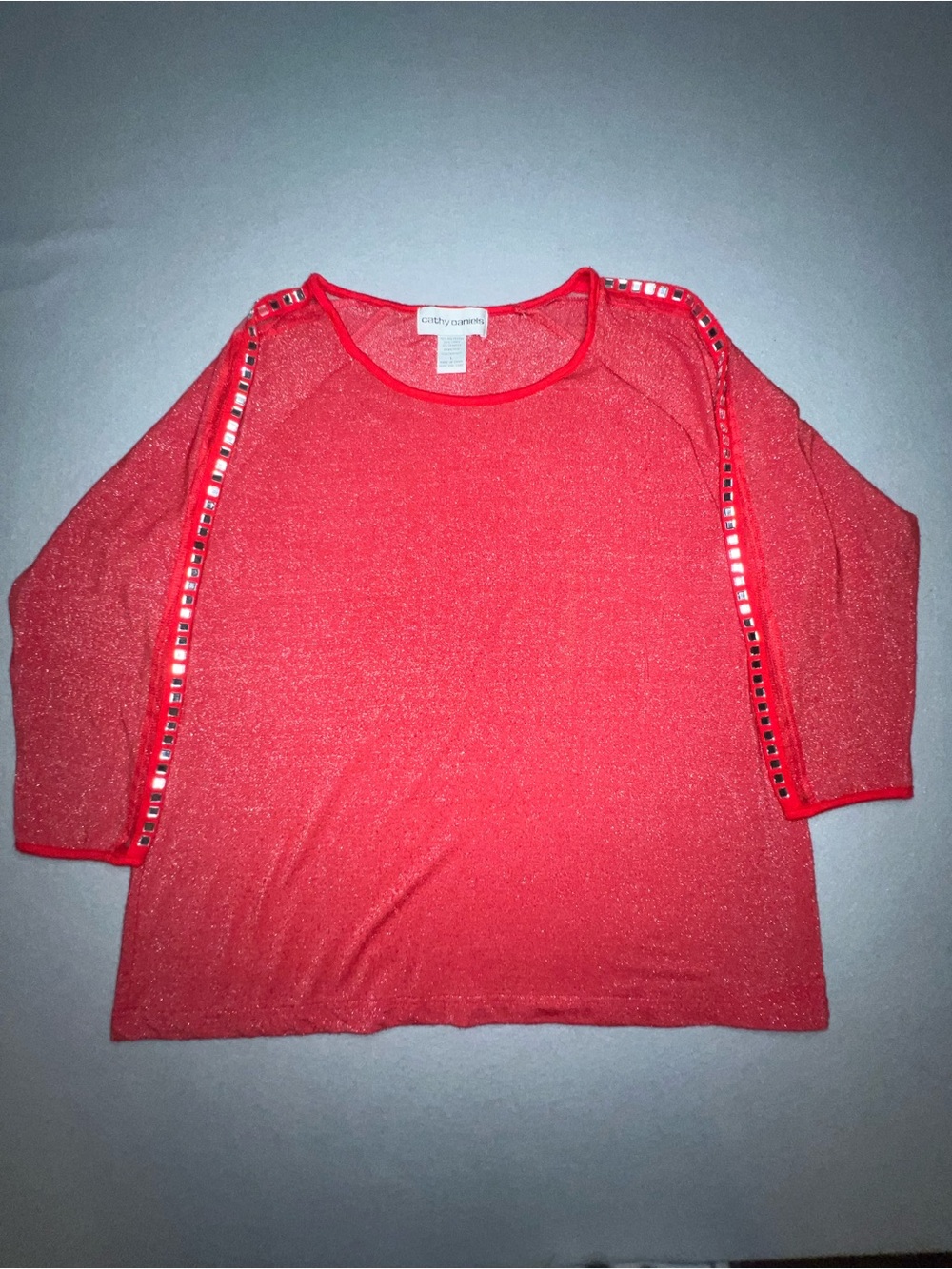 Cathy Daniels Women's Red Metallic Lurex Shimmer Studded Sleeve Top Size Large